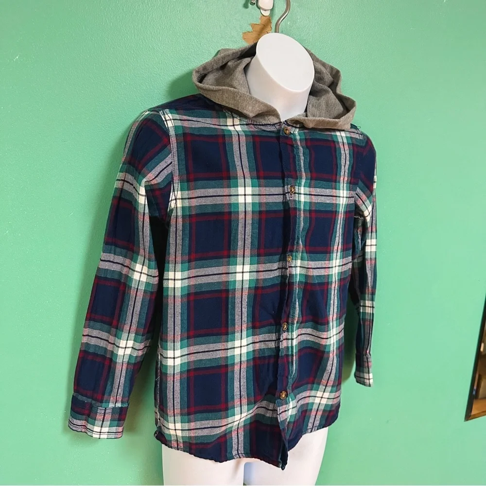 Carters Navy Blue & Gray Hooded Flannel Button Down Shirt Boys Size 8
